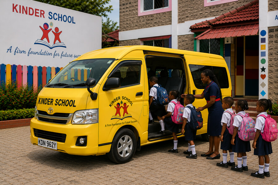 Kinder School learners boarding the school transport van